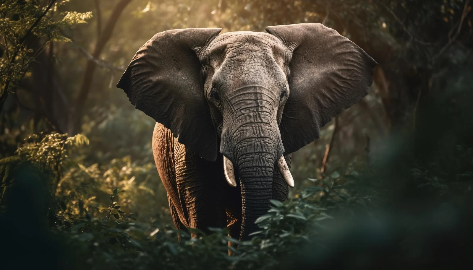 An elephant standing in dim forest light, facing you, its ears spread wide