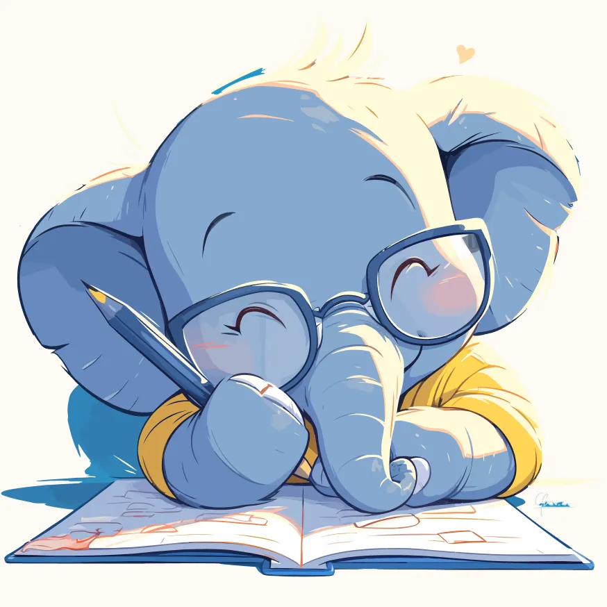 Granth elephant reading through a magnifying glass