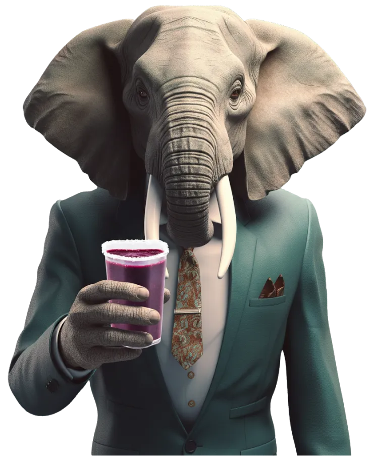 Kudrati Kahumbo elephant mascot holding a jamun shot