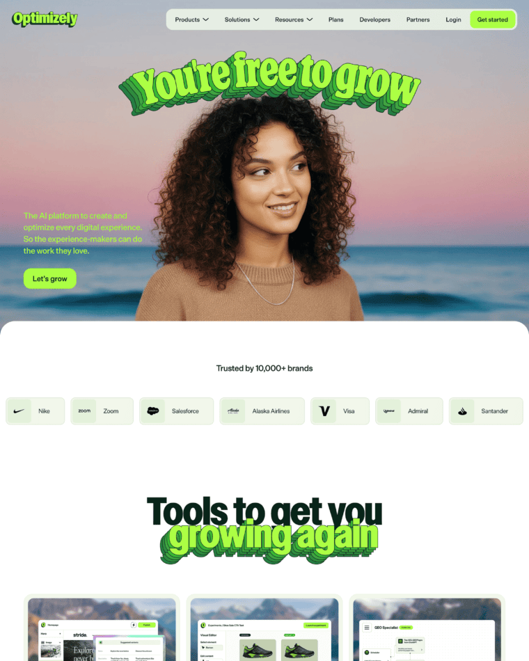 Optimizely ‘You’re free to grow’ homepage