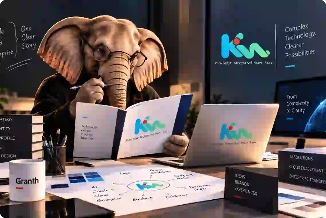 Granth's elephant reviewing the new KISL brand system at a desk
