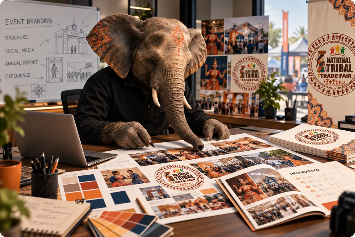 Granth's elephant mascot at a desk laying out NTTF 2025 brochures, colour swatches and event photos, with the event branding plan sketched on a whiteboard behind