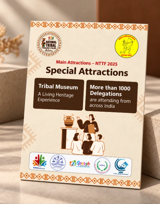 English brochure page: Main Attractions, NTTF 2025 - the Tribal Museum and more than 1000 delegations