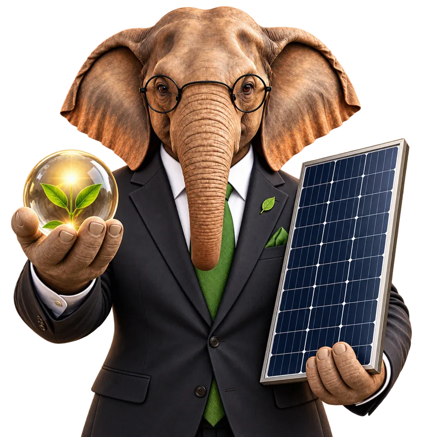 Granth's elephant mascot holding a glowing seedling and a solar panel