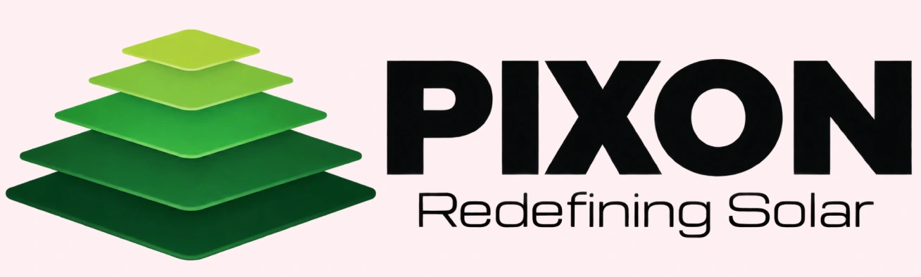 The new PIXON logo: five stacked green panel layers with the wordmark PIXON, Redefining Solar