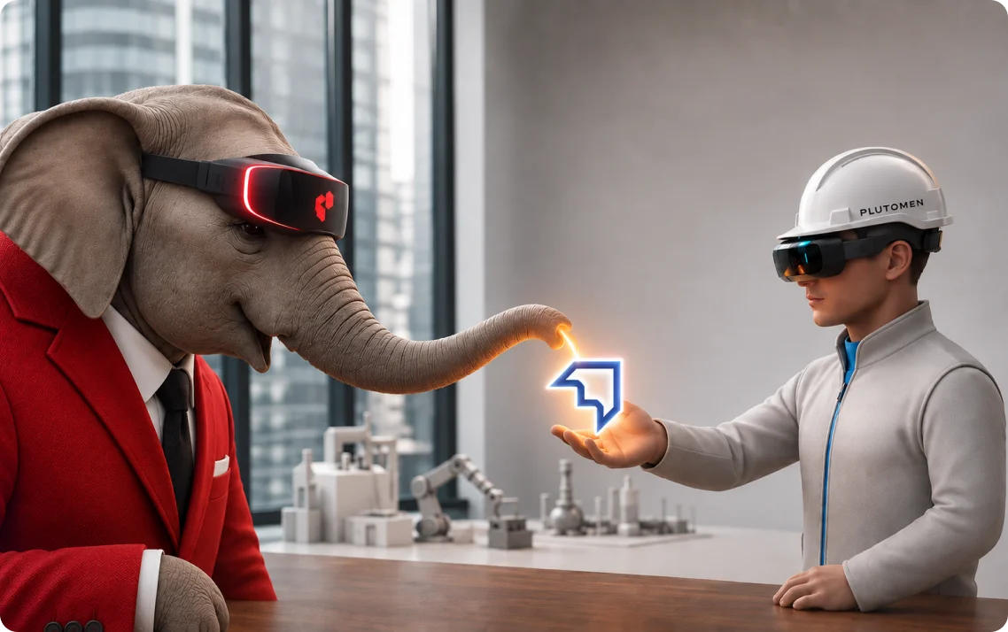 The Plutomen elephant handing the Plutomen mark to an engineer in an AR headset