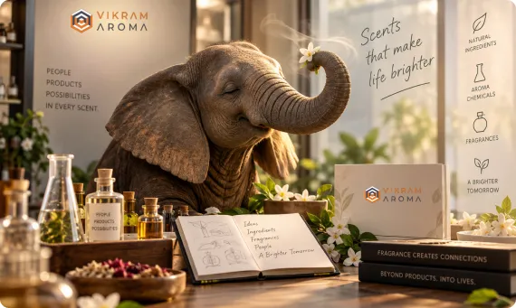 Vikram Aroma fragrance ingredients, glassware and a sketchbook on a studio table
