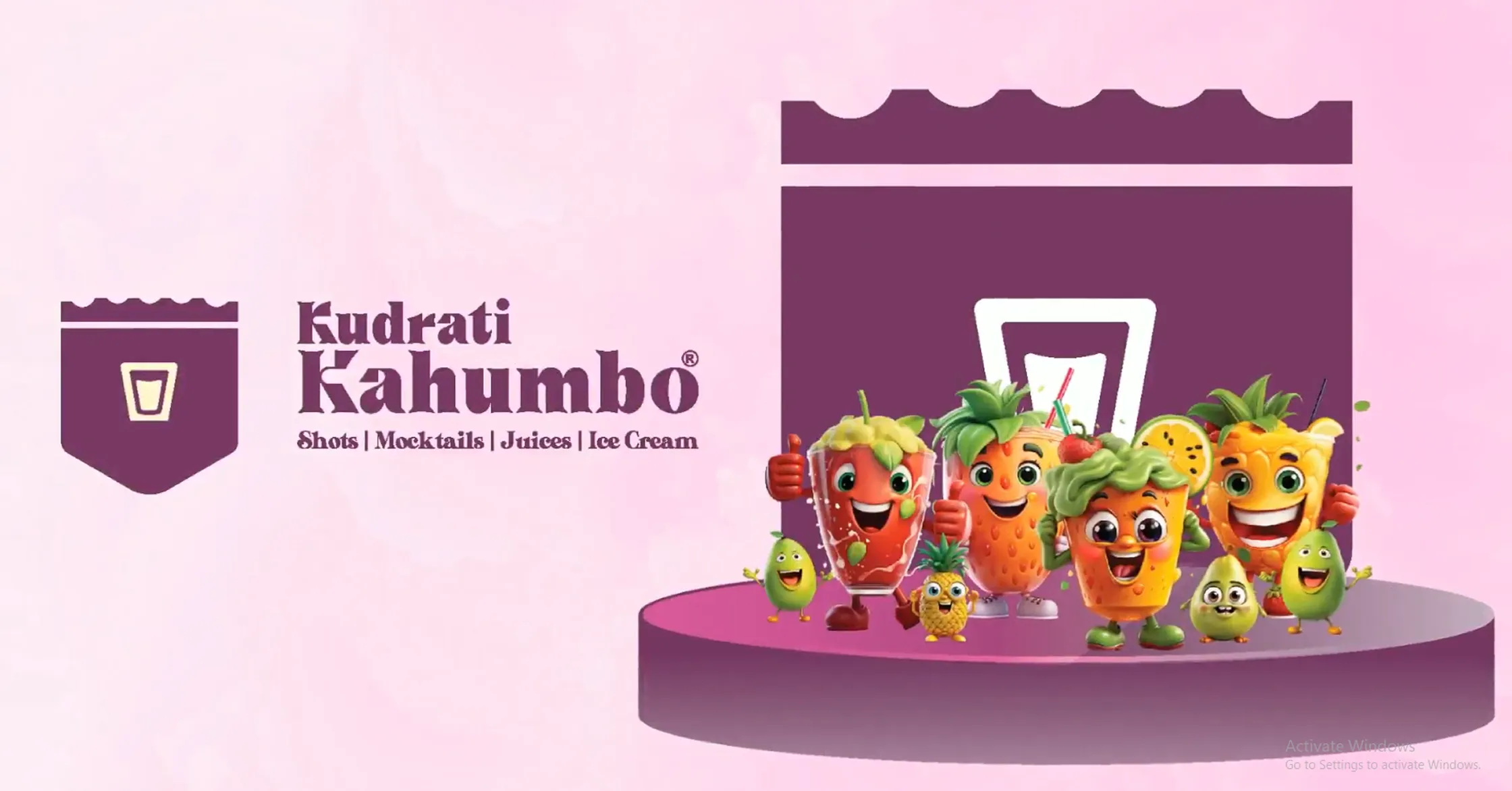 Kudrati Kahumbo menu video — fruit mascots on the shake board