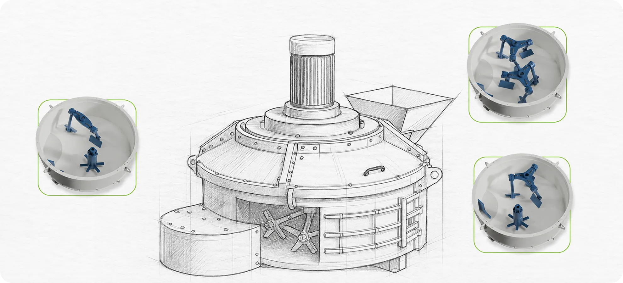 PMIX 3D product rendering — mixer body and blade assemblies