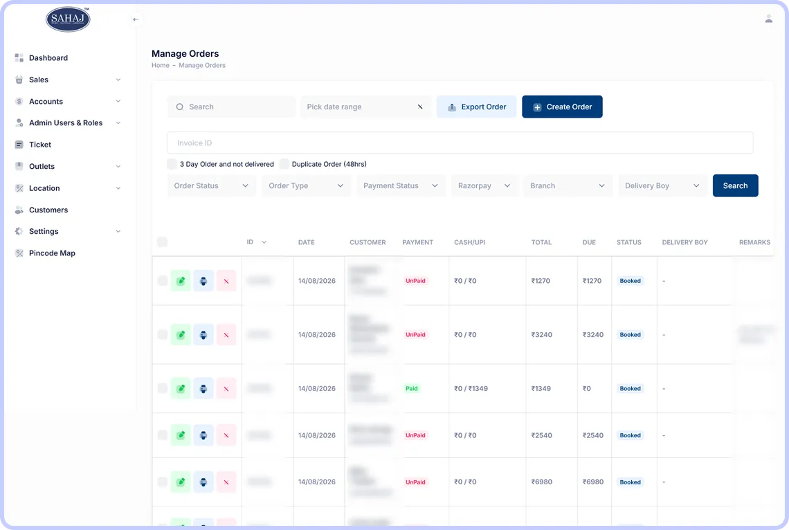 Sahaj Oil CRM — Manage Orders screen listing every order, payment and delivery status