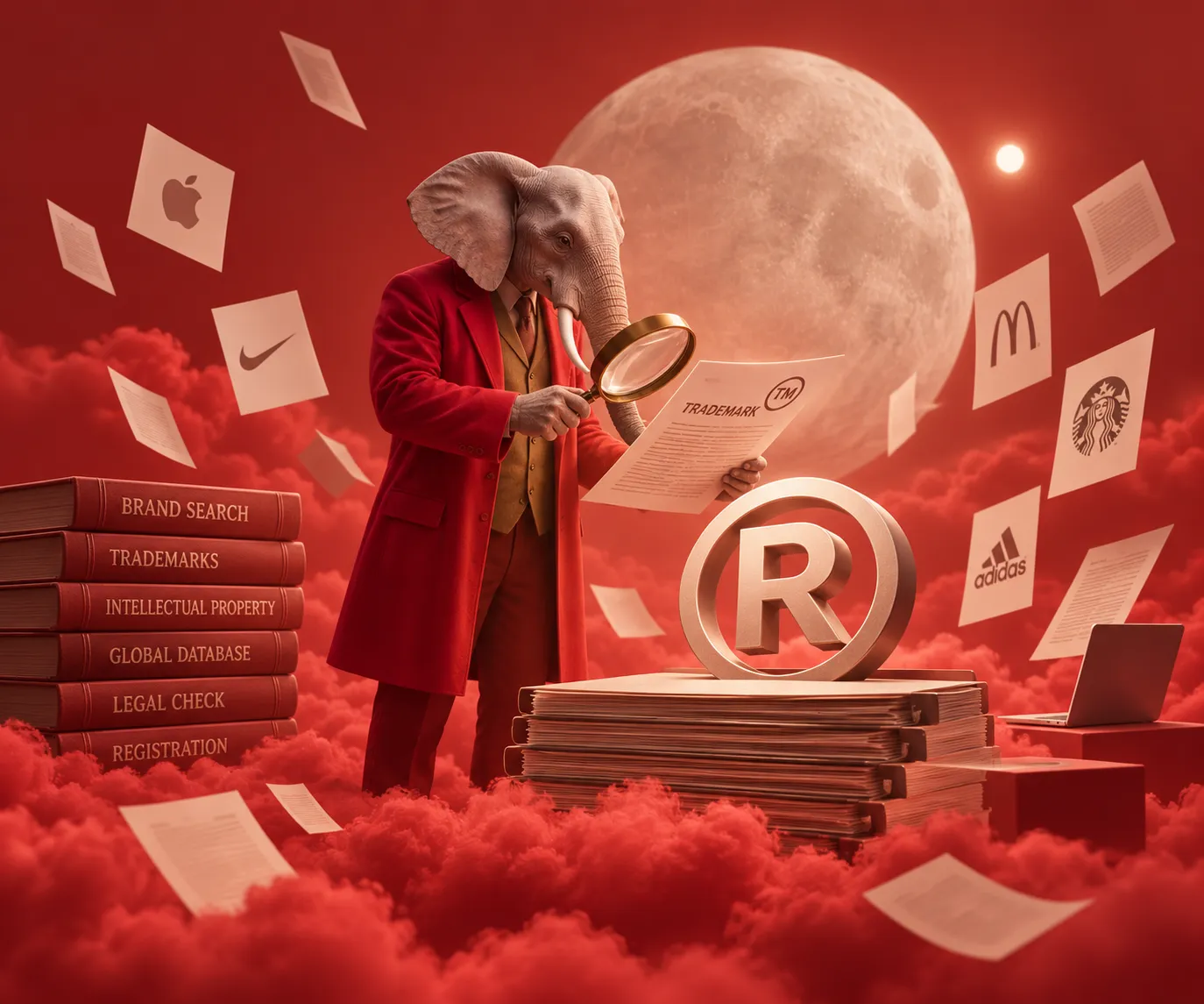 Granth elephant in a red coat, writing above the clouds